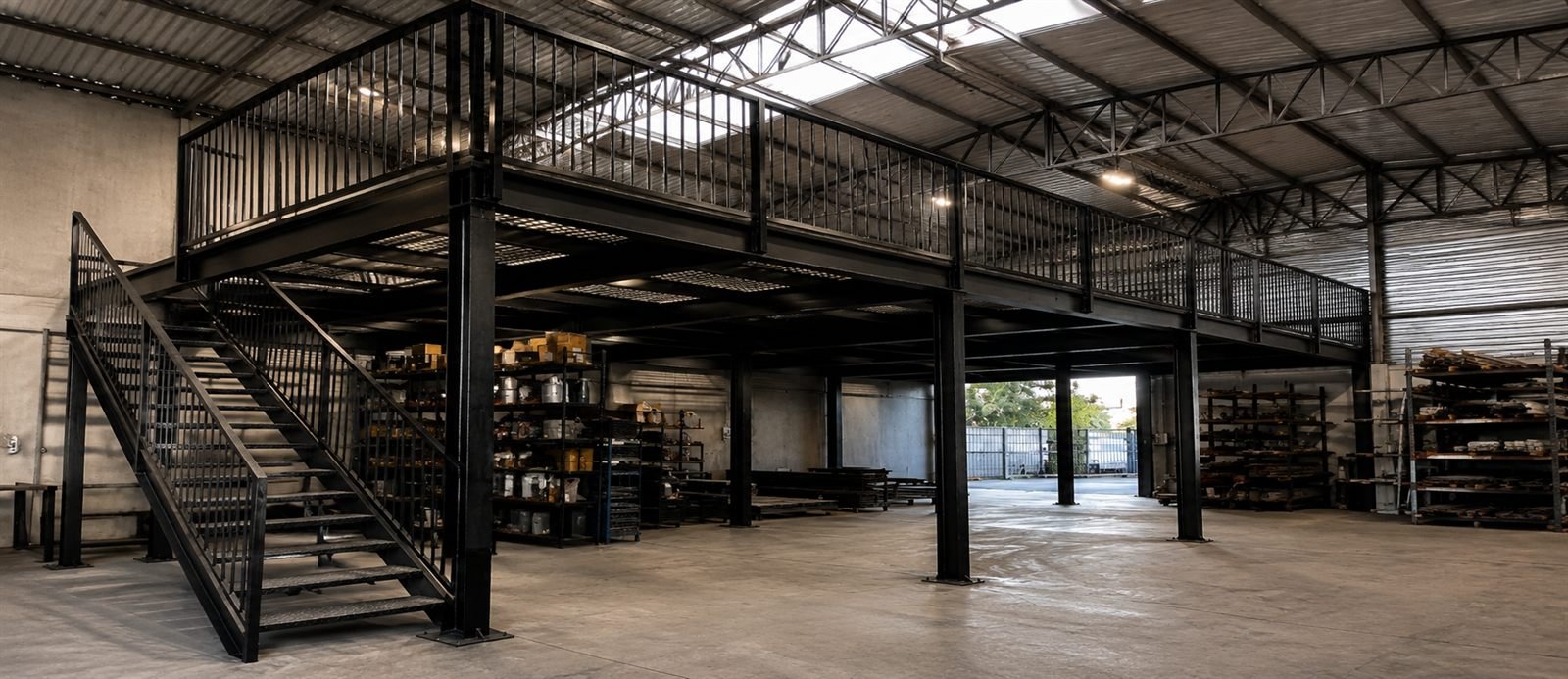 Mezanino metálico industrial em galpão fabricado e montado pela Pablo's Serralheria em São José, SC