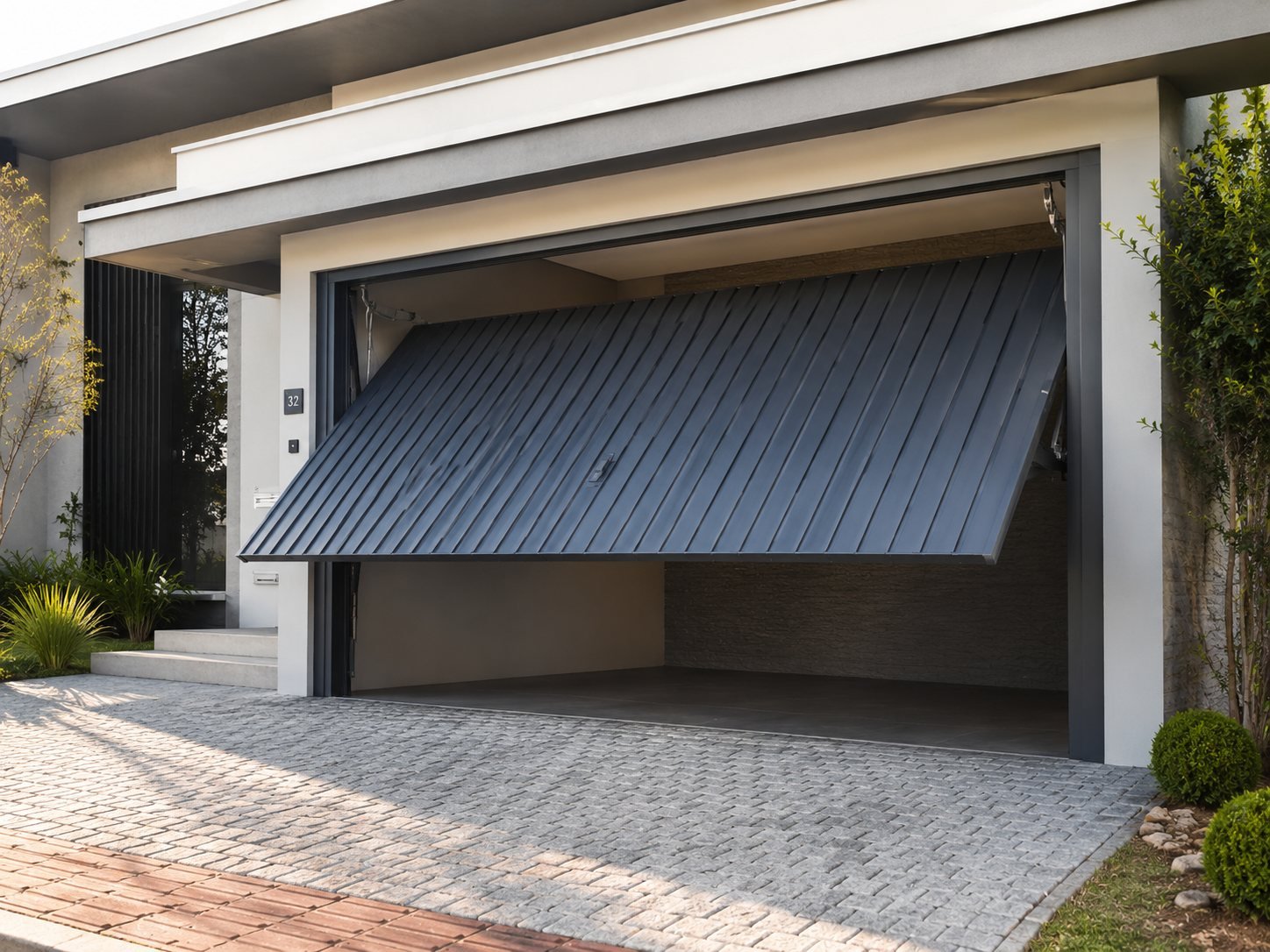 Portão de elevação basculante metálico em garagem residencial em Santa Catarina